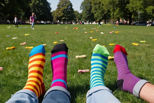 Promoting Youth Awareness and Positivity through Fun Quirky Mismatched Socks in the Park - Powered by Adobe