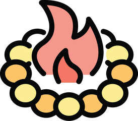 Fototapeta premium Burning firewood arranged in circle for campfire at summer camp