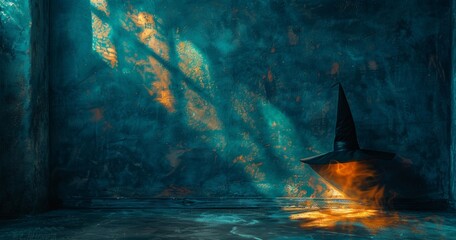 Fototapeta premium A black witch hat suspended amidst eerie golden light beams in a dimly lit room, capturing a vintage and mystical atmosphere. Halloween.