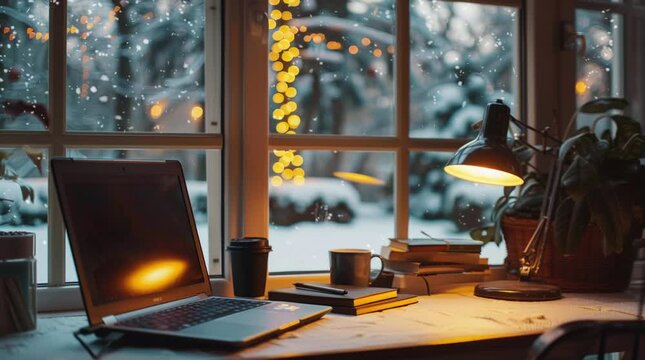 Coffee cup and laptop on a wooden table by a window overlooking a snowy winter landscape, warm and cozy atmosphere
 Seamless looping 4k time-lapse virtual video animation Generated AI