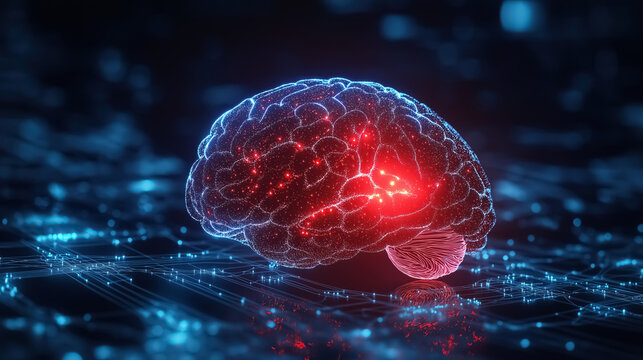 A brain projection with one section illuminated in red light, concept of neurosurgery 