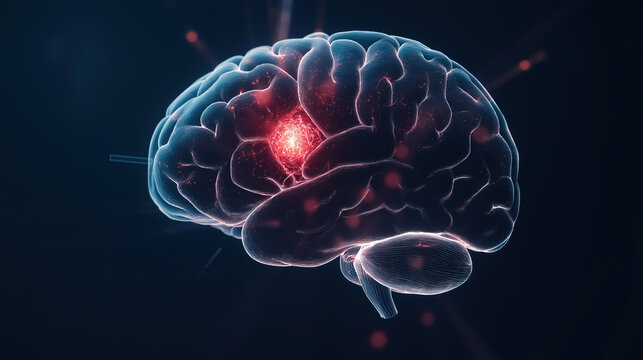 A brain projection with one section illuminated in red light, concept of neurosurgery 
