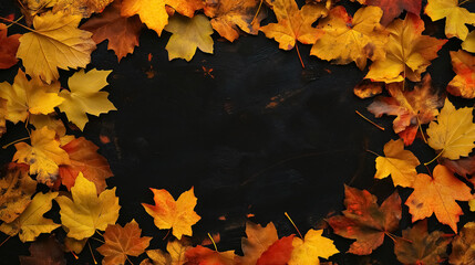 Frame of vibrant fall leaves in shades of yellow, orange, and red against a dark background