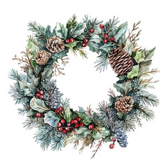 Fototapeta premium Christmas watercolor wreath, Christmas Holly berry, fir branches, cones, rowan, viburnum on a white background