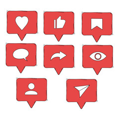 Set of Red Social media button whit black outline, Message, like, send, save icon . Follow, heart, comment, share app interface