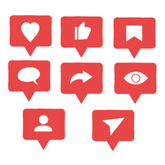 Set of Red Social media button, Message, like, send, save icon . Follow, heart, comment, share app interface