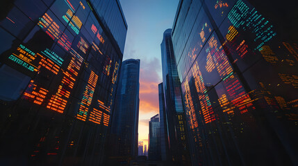 A cityscape at dawn with skyscrapers silhouetted their facades reflecting digital tickers showing fluctuating stock prices in the early hours.