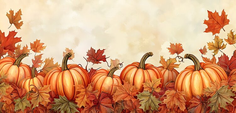 Festive autumn-themed border with pumpkins and cascading leaves for seasonal promotions.