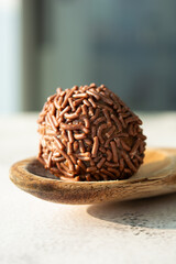 A close-up shot of a Brazilian brigadeiro, a chocolate truffle, on a wooden spoon.