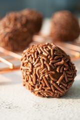 Close-up of a chocolate truffle covered in sprinkles.