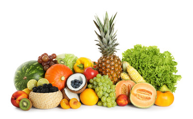 Different fresh vegetables and fruits isolated on white