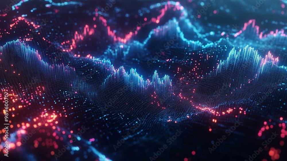 Poster vibrant digital waveform visualization showcasing intricate patterns and colors in a mesmerizing dis