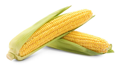Corncobs with green husks isolated on white