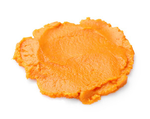 Delicious mashed sweet potatoes isolated on white