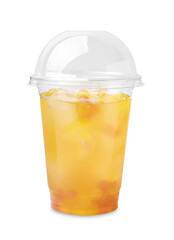 Tasty bubble tea in plastic cup isolated on white
