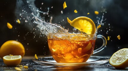 the procedure for preparing lemon tea. Tea splattered with flying wedges of lemon. An orange is placed in a cup together with hot tea. lemon. Warm food and the idea of eating well.