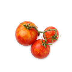 Branch with ripe tomatoes isolated on white, top view