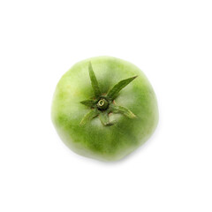 Unripe tomato isolated on white, top view. Effect of poor cultivation