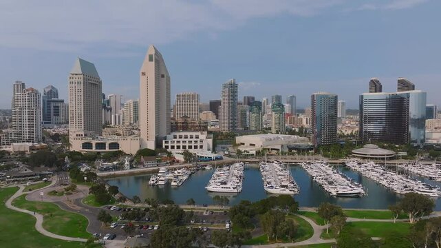 Aerial view of the scenic San Diego downtown financial district city skyline and skyscrapers. Marriott Marina and Convention Center at San Diego Bay.