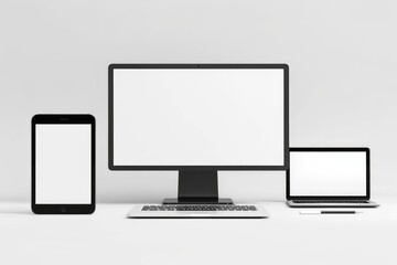 Fototapeta premium A collection of electronic devices including a computer monitor, laptop, phone, and tablet displayed on a clean white surface