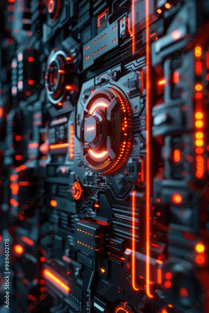 Poster close-up view of a circuit board with red lights, suitable for technology and electronics-related pr