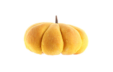 One tasty pumpkin shaped bun isolated on white