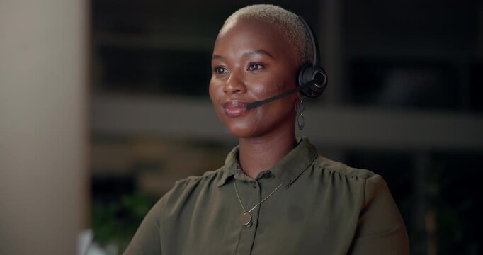 Black woman, microphone and help with computer, office and night as multilingual support agent. Female person, tech and talking for international call center, working or conversation as professional