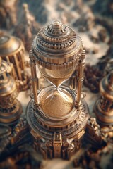 Intricate Golden Hourglass on Ornate Platform in Fantasy Setting