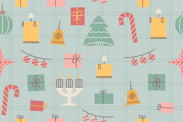 Merry Christmas, Happy New Year cute seamless pattern with toy, candle, gift, tree. Trendy retro style. Simple vector design template
