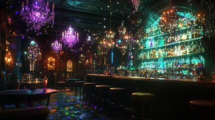 Obraz premium A vibrant interior of a chic bar filled with colorful lighting and sparkling chandeliers during the evening ambiance