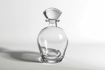 A clear glass bottle sitting on a table with a simple background