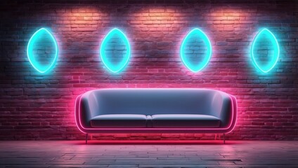 Obraz premium Modern, stylized interior space with focus on furniture and decorative neon elements
