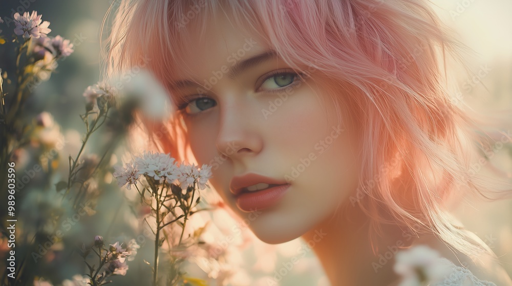 Canvas Prints A young woman with pink hair surrounded by wildflowers during golden hour in a serene natural setting