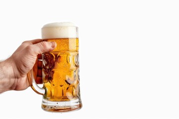 A person grasping a glass of beer