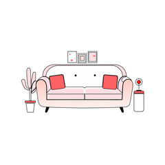 A simple vector illustration of a sofa with cushions and potted plants, perfect for home decor, interior design content, and room layout graphics...