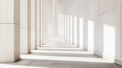 Fototapeta premium A minimalist concrete building captured in constructivist and extraterrestrial architectural style, with facade details in white, grey, and beige, and sunlit shadows.