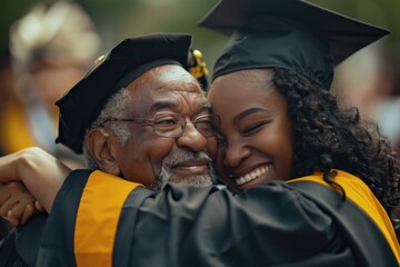 Fototapeta premium A moment of celebration and joy at a graduation ceremony, with two people embracing each other