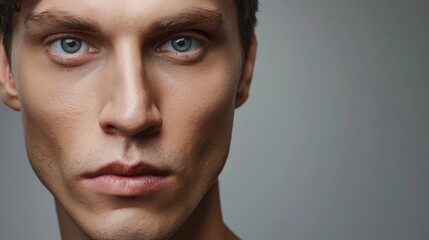 Obraz premium A close-up shot of a man's face with bright blue eyes, great for use in editorial or advertising content