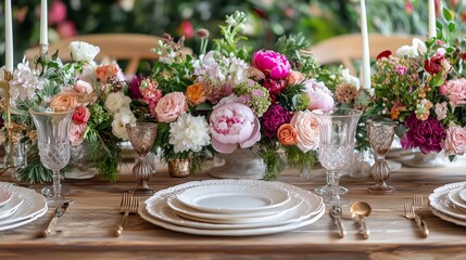 Elegant floral arrangement centerpiece on a beautifully set dinner table at a garden party in springtime