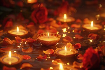 A group of lit candles placed on a table, great for creating ambiance or adding warmth to a scene