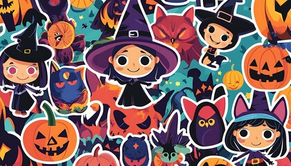 Halloween sticker collection with costume-clad children and smiling pumpkin designs.