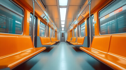 Fototapeta premium Advertising poster banner on the wall of a train car in the subway Free space Outdoor advertising in public transport subway car : Generative AI