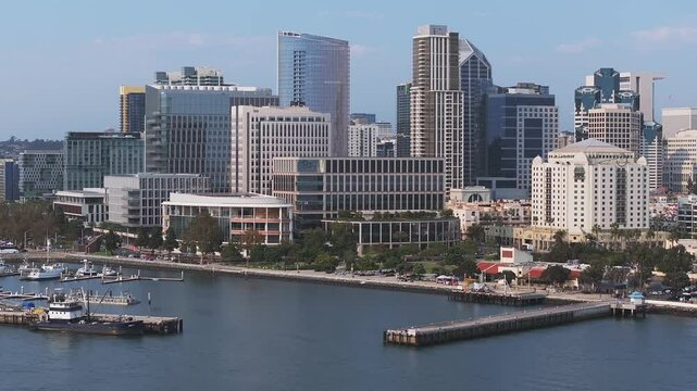 Aerial view of the scenic San Diego downtown financial district city skyline and skyscrapers. Marriott Marina and Convention Center at San Diego Bay.
