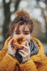 Naklejka premium A person covering their face with a doughnut, a playful and humorous moment