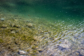 Close up of water with rocky formations along the shore