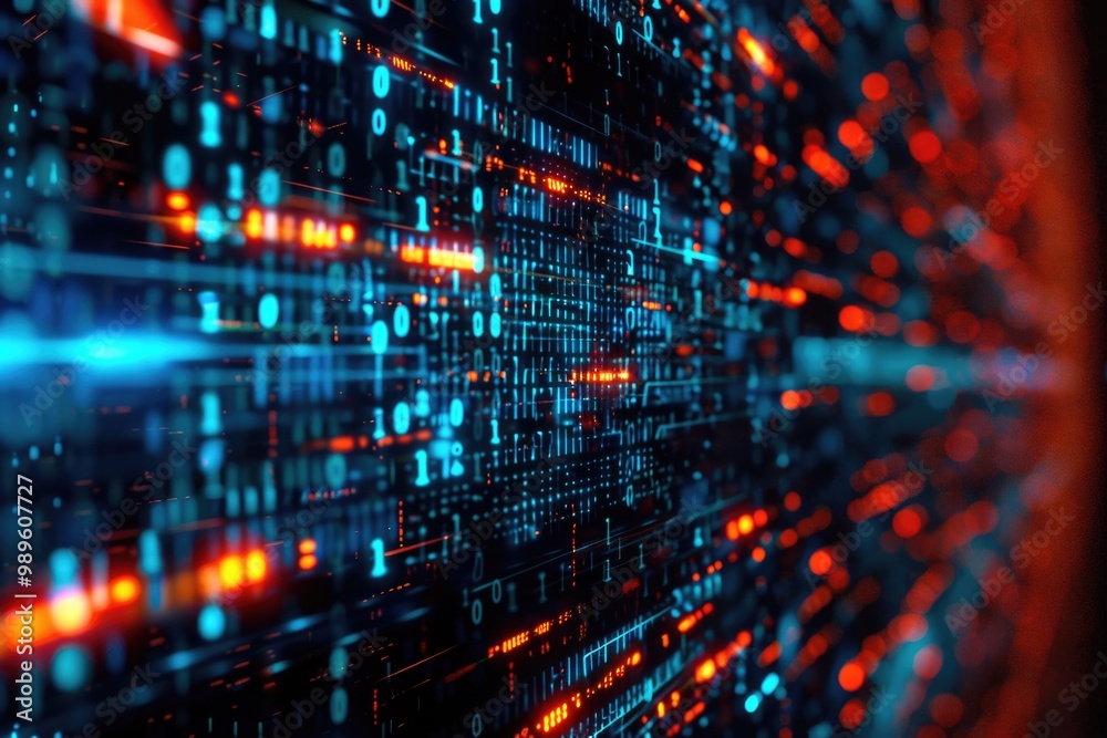 Poster a close-up of a computer screen showing multiple blue and red lights