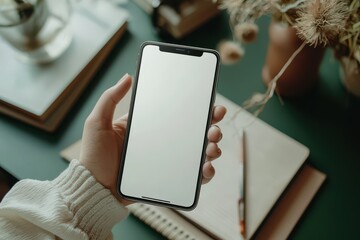 Mockup of a blank iPhone screen in a person's hand with a cozy setting including a notebook and plants on a green desk