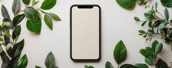 Mockup of an iPhone with blank screen surrounded by green leaves on a white background