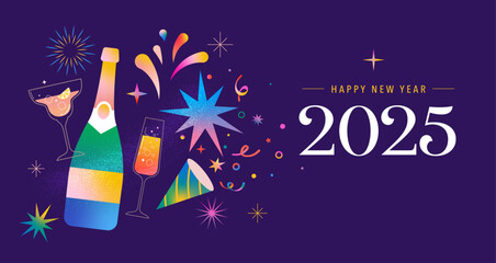 Happy New Year 2025, New Year background, banner, poster design. Modern vibrant illustration, concept design with Christmas decorations, confetti, champaign bottle and fireworks