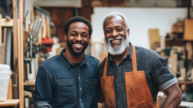Two craftsmen pose together in a workshop full of tools, showcasing a moment of joy and camaraderie in their creative space